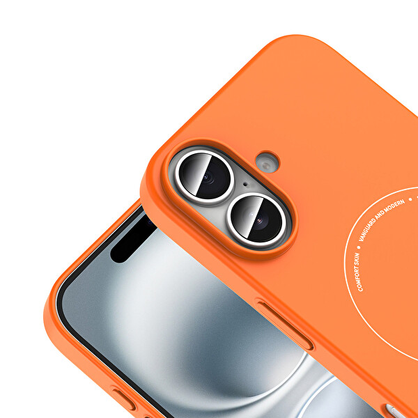 Başkenttekno iPhone 16 Kılıf M-Safe Şarj Özellikli Kamera Korumalı Premium Elio Sert PC Kapak Turuncu