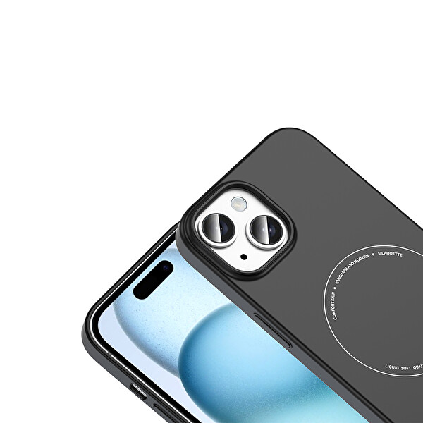 Başkenttekno iPhone 15 Kılıf M-Safe Şarj Özellikli Kamera Korumalı Premium Elio Sert PC Kapak Siyah