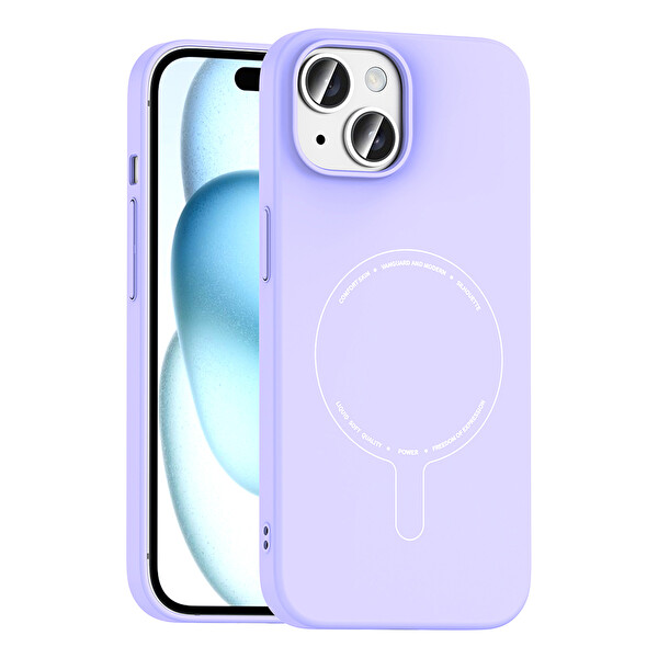 Başkenttekno iPhone 15 Kılıf M-Safe Şarj Özellikli Kamera Korumalı Premium Elio Sert PC Kapak Lila
