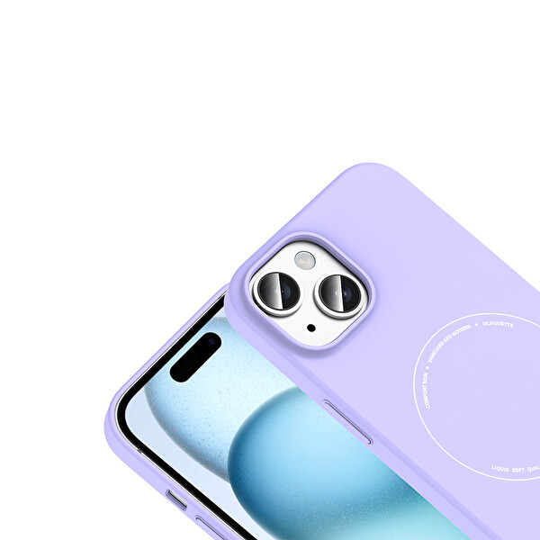 Başkenttekno iPhone 15 Kılıf M-Safe Şarj Özellikli Kamera Korumalı Premium Elio Sert PC Kapak Lila