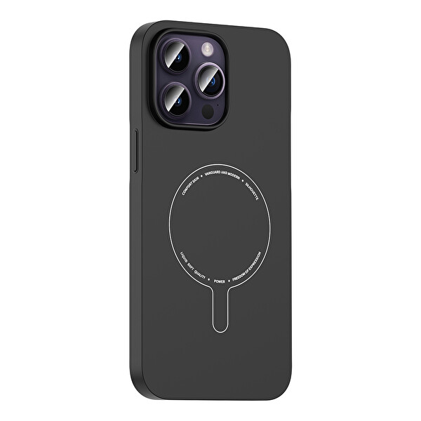 Başkenttekno iPhone 14 Pro Max Kılıf M-Safe Şarj Özellikli Kamera Korumalı Premium Elio Sert PC Kapak Siyah