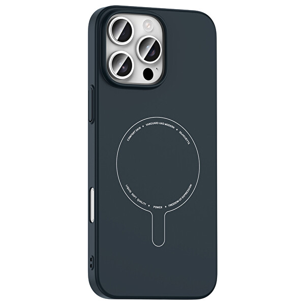 Başkenttekno iPhone 16 Pro Kılıf M-Safe Şarj Özellikli Kamera Korumalı Premium Elio Sert PC Kapak Lacivert