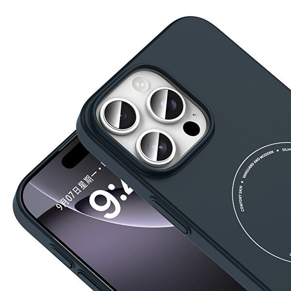 Başkenttekno iPhone 16 Pro Kılıf M-Safe Şarj Özellikli Kamera Korumalı Premium Elio Sert PC Kapak Lacivert