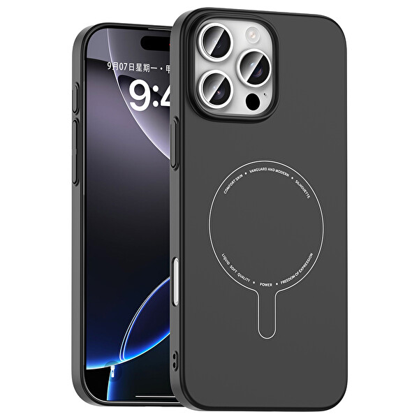 Başkenttekno iPhone 16 Pro Kılıf M-Safe Şarj Özellikli Kamera Korumalı Premium Elio Sert PC Kapak Siyah