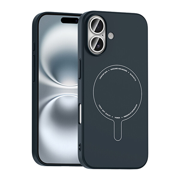 Başkenttekno iPhone 16 Kılıf M-Safe Şarj Özellikli Kamera Korumalı Premium Elio Sert PC Kapak Lacivert