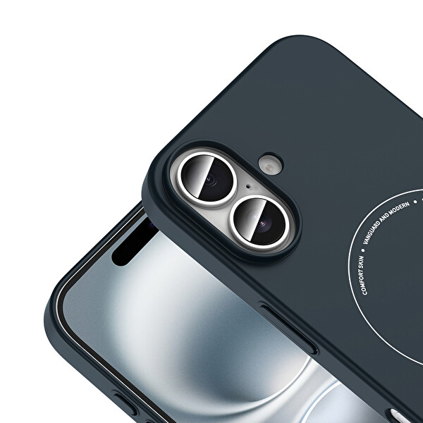 Başkenttekno iPhone 16 Kılıf M-Safe Şarj Özellikli Kamera Korumalı Premium Elio Sert PC Kapak Lacivert