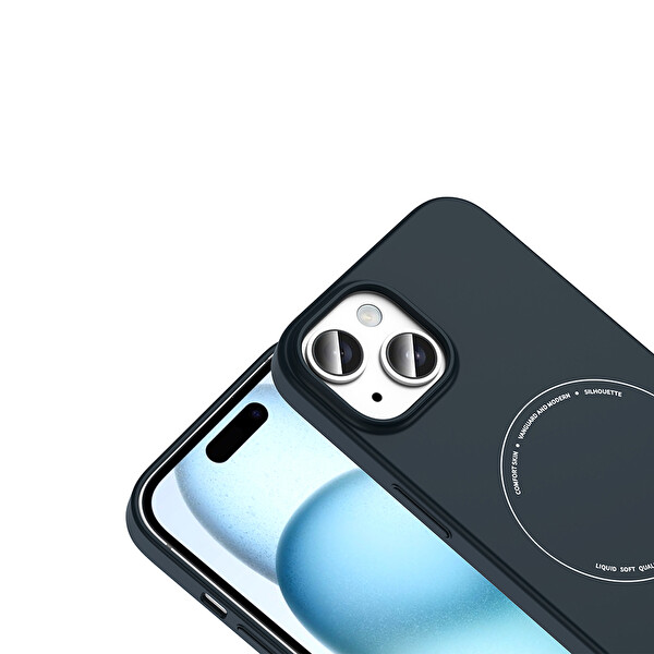 Başkenttekno iPhone 15 Kılıf M-Safe Şarj Özellikli Kamera Korumalı Premium Elio Sert PC Kapak Lacivert