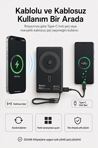4Berry YM307 10.000 mAh Manyetik Kablosuz Siyah Powerbank