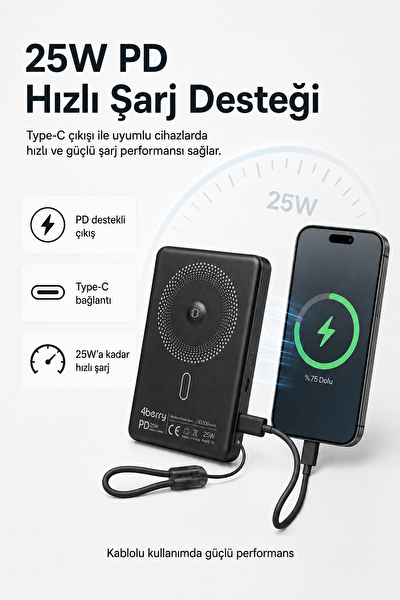 4Berry YM307 10.000 mAh Manyetik Kablosuz Siyah Powerbank