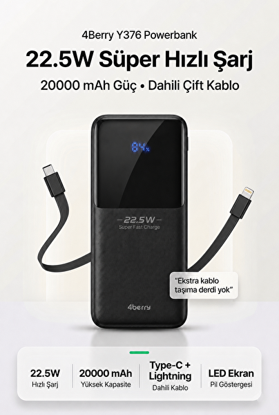 4Berry YM832 20000mAh 22.5W Süper Hızlı Şarj Type-C ve Lightning Kablolu Powerbank