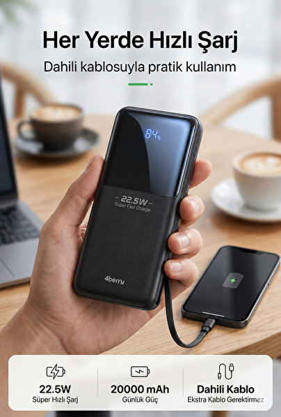 4Berry YM832 20000mAh 22.5W Süper Hızlı Şarj Type-C ve Lightning Kablolu Powerbank