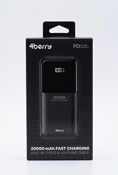 4Berry YM832 20000mAh 22.5W Süper Hızlı Şarj Type-C ve Lightning Kablolu Powerbank