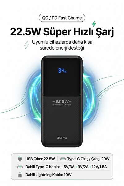 4Berry YM832 20000mAh 22.5W Süper Hızlı Şarj Type-C ve Lightning Kablolu Powerbank