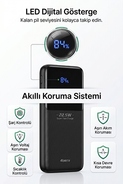 4Berry YM832 20000mAh 22.5W Süper Hızlı Şarj Type-C ve Lightning Kablolu Powerbank