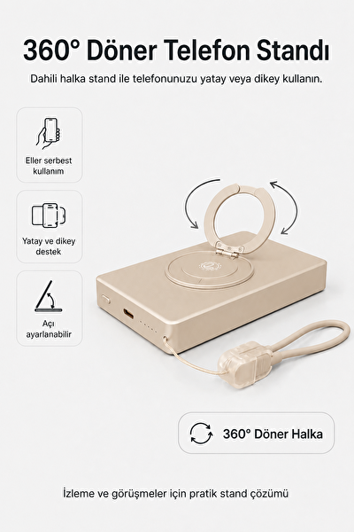 4Berry YM307 10000 mAh Manyetik Kablosuz Powerbank 25W PD 15W Kablosuz Şarj ve 360 Derece Döner Stand Gold