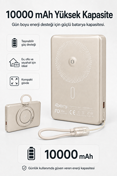 4Berry YM307 10000 mAh Manyetik Kablosuz Powerbank 25W PD 15W Kablosuz Şarj ve 360 Derece Döner Stand Gold