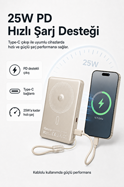 4Berry YM307 10000 mAh Manyetik Kablosuz Powerbank 25W PD 15W Kablosuz Şarj ve 360 Derece Döner Stand Gold