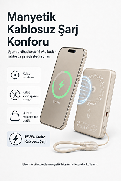 4Berry YM307 10000 mAh Manyetik Kablosuz Powerbank 25W PD 15W Kablosuz Şarj ve 360 Derece Döner Stand Gold