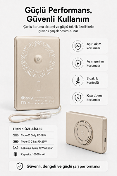 4Berry YM307 10000 mAh Manyetik Kablosuz Powerbank 25W PD 15W Kablosuz Şarj ve 360 Derece Döner Stand Gold