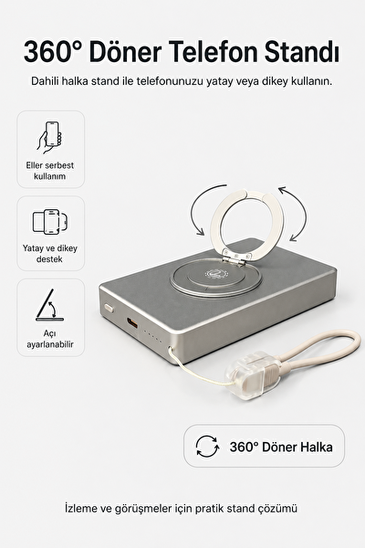 4Berry YM307 10000 mAh Manyetik Kablosuz Powerbank 25W PD 15W Kablosuz Şarj ve 360 Derece Döner Stand Gri