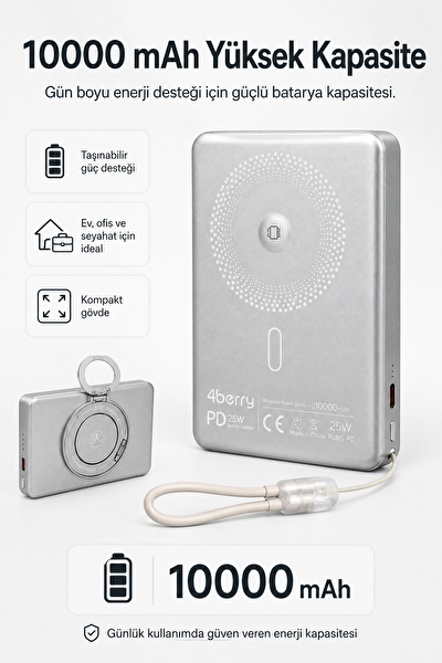 4Berry YM307 10000 mAh Manyetik Kablosuz Powerbank 25W PD 15W Kablosuz Şarj ve 360 Derece Döner Stand Gri