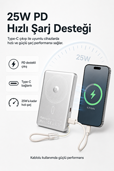 4Berry YM307 10000 mAh Manyetik Kablosuz Powerbank 25W PD 15W Kablosuz Şarj ve 360 Derece Döner Stand Gri