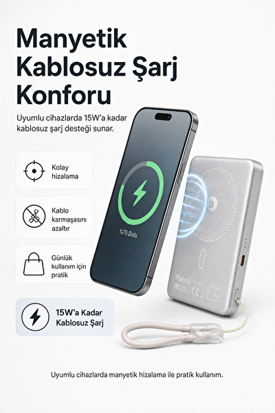 4Berry YM307 10000 mAh Manyetik Kablosuz Powerbank 25W PD 15W Kablosuz Şarj ve 360 Derece Döner Stand Gri