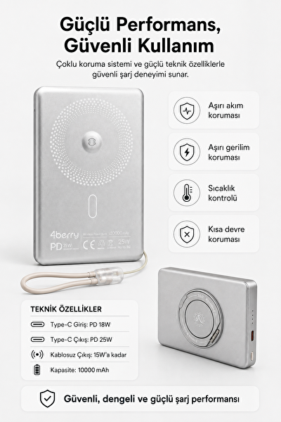 4Berry YM307 10000 mAh Manyetik Kablosuz Powerbank 25W PD 15W Kablosuz Şarj ve 360 Derece Döner Stand Gri