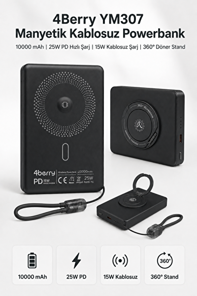 4Berry YM307 10000 mAh Manyetik Kablosuz Powerbank 25W PD 15W Kablosuz Şarj 360 Derece Döner Stand Siyah