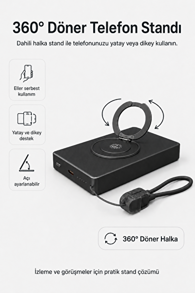 4Berry YM307 10000 mAh Manyetik Kablosuz Powerbank 25W PD 15W Kablosuz Şarj 360 Derece Döner Stand Siyah