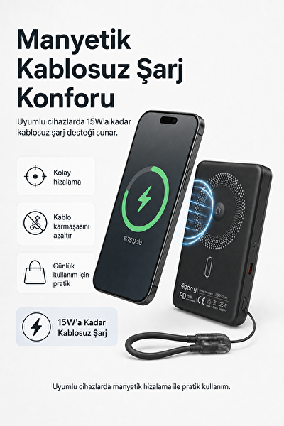 4Berry YM307 10000 mAh Manyetik Kablosuz Powerbank 25W PD 15W Kablosuz Şarj 360 Derece Döner Stand Siyah