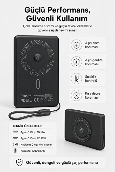 4Berry YM307 10000 mAh Manyetik Kablosuz Powerbank 25W PD 15W Kablosuz Şarj 360 Derece Döner Stand Siyah