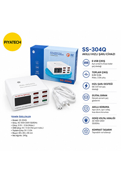 Piyatech SS-304Q 6 Port USB Şarj Cihazı