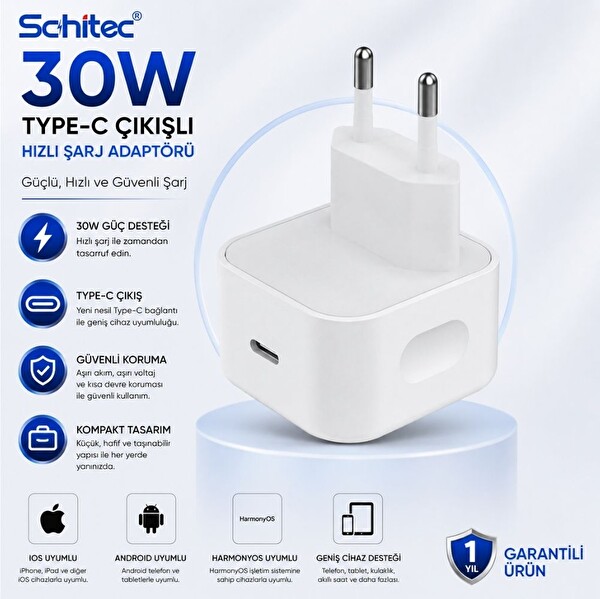 ScHitec 30W-40W iOS -Android-HarmonyOs Uyumlu Type-C Çıkışlı Hızlı Şarj Adapörü Başlığı