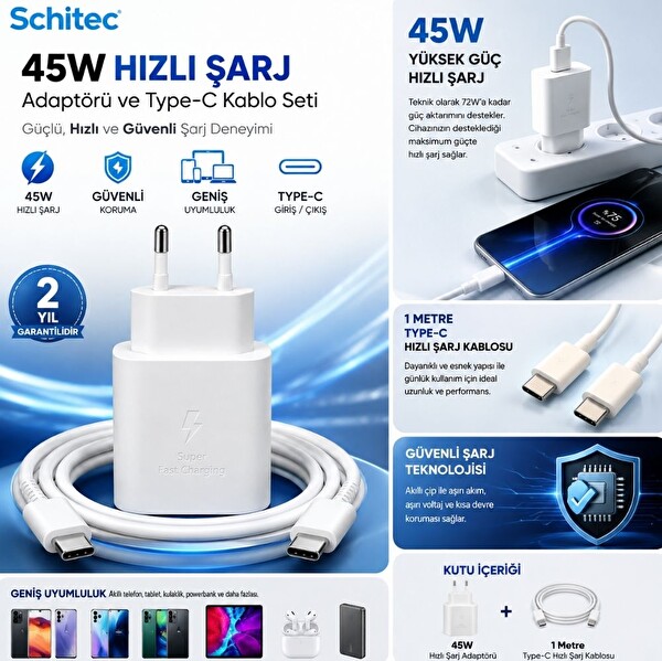 ScHitec 45W Şarj Adaptörü ve 1 M Type-C Type-C Hızlı Şarj Kablo Set Beyaz