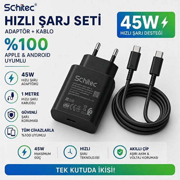 Schitec 45W Şarj Adaptörü ve 1 M Type-C Type-C Hızlı Şarj Kablo Set Siyah