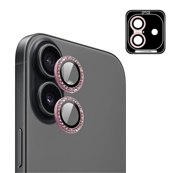 IPG ProLENS iPhone 17 için Kamera Lens Koruyucu Elmas Taş Çerçeveli Kırılmaz Cam Pembe