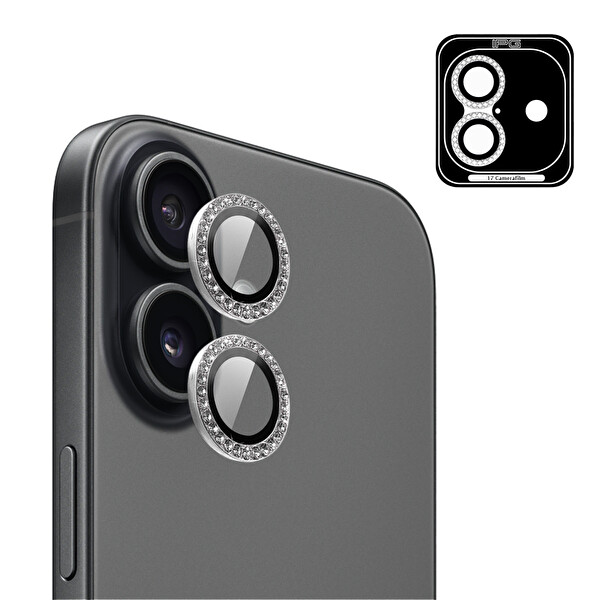IPG ProLENS iPhone 17 için Kamera Lens Koruyucu Elmas Taş Çerçeveli Kırılmaz Cam Gümüş