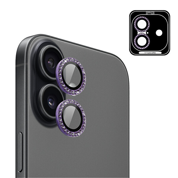 IPG ProLENS iPhone 17 için Kamera Lens Koruyucu Elmas Taş Çerçeveli Kırılmaz Cam Mor