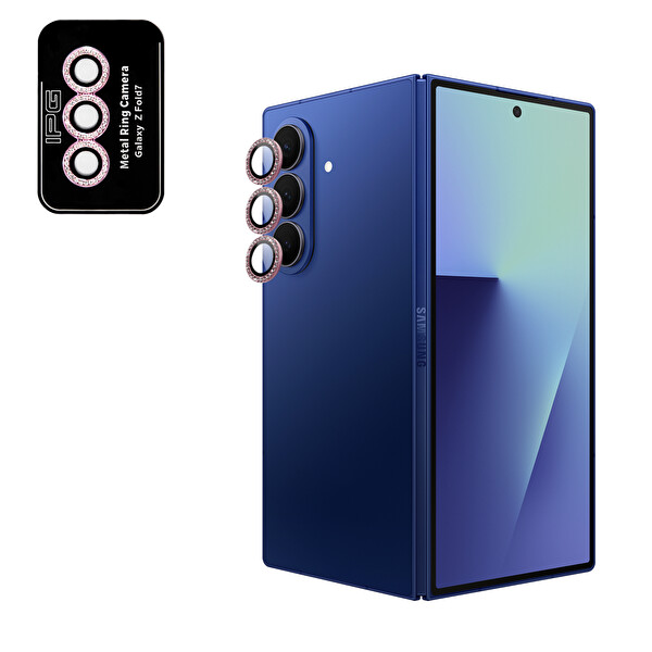 IPG Samsung Galaxy Z Fold 7 Uyumlu ProLENS Kamera Lens Koruyucu Elmas Taş Çerçeveli Kırılmaz Cam - Pembe