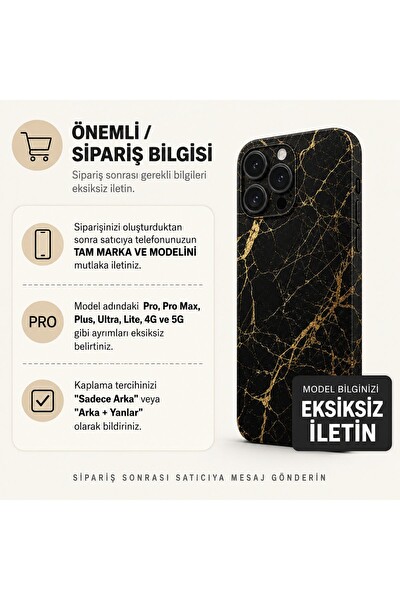Piyatech Altın Damarlı Siyah Mermer Tüm Telefon Modellerine Uyumlu Kaplama Sipariş Sonrası Marka ve Modelinizi İletiniz