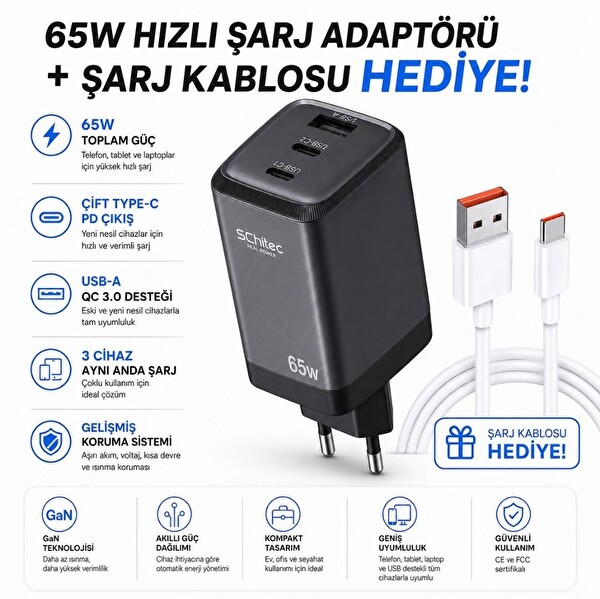 ScHitec 65W GaN 3 Çıkışlı Hızlı Şarj Başlığı ve 120W UsbA to Type-C Hızlı Data ve Kablosu