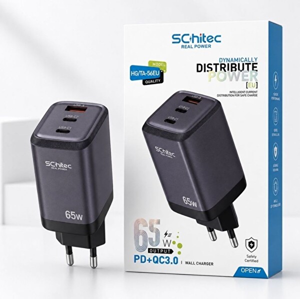 ScHitec 65W GaN 3 Çıkışlı Hızlı Şarj Başlığı ve 120W UsbA to Type-C Hızlı Data ve Kablosu