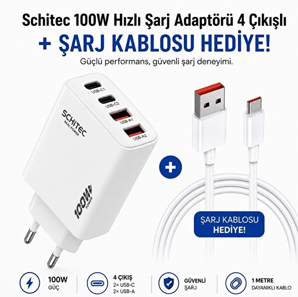 ScHitec 100W 4 Çıkışlı Şarj Başlığı ve 6A 120W UsbA to Type-C Data ve Turbo Şarj Kablosu