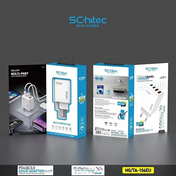 ScHitec 100W 4 Çıkışlı Şarj Başlığı ve 6A 120W UsbA to Type-C Data ve Turbo Şarj Kablosu