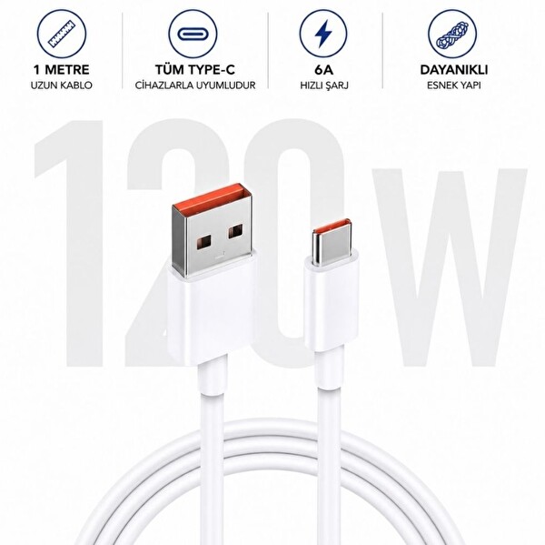 ScHitec 38W 2 Çıkışlı Hızlı Şarj Başlığı ve 120W UsbA to Type-C Şarj Kablosu Beyaz