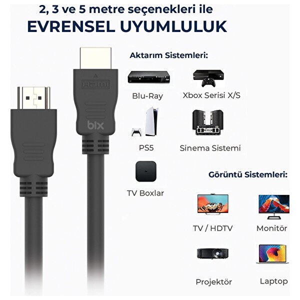 Bix NHD03 4K@60HZ 18 Gbps Veri Aktarım Destekli 2.0 3 Metre HDMI Kablo