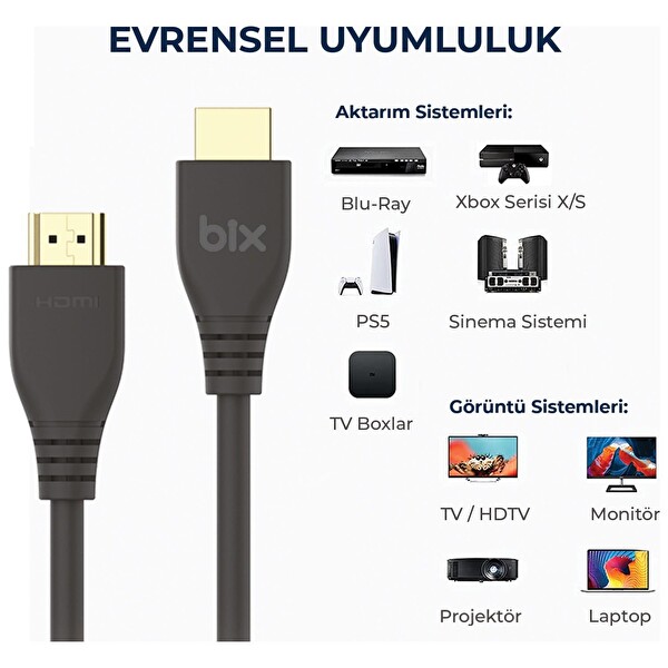 Bix Premium PHD02 8K@60HZ 4K@120HZ Earc Yüksek Hızlı 2 Metre 2.1 HDMI Kablo