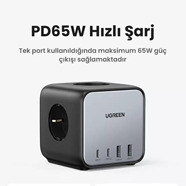 Ugreen 60113 DigiNest Cube 65W GaN 2 Hızlı Şarj Cihazı 2xUSB 2xType C 3'lü Küp Grup Akım Korumalı Priz 2