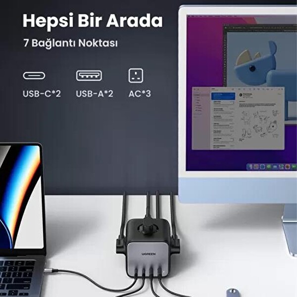 Ugreen 60113 DigiNest Cube 65W GaN 2 Hızlı Şarj Cihazı 2xUSB 2xType C 3'lü Küp Grup Akım Korumalı Priz 4